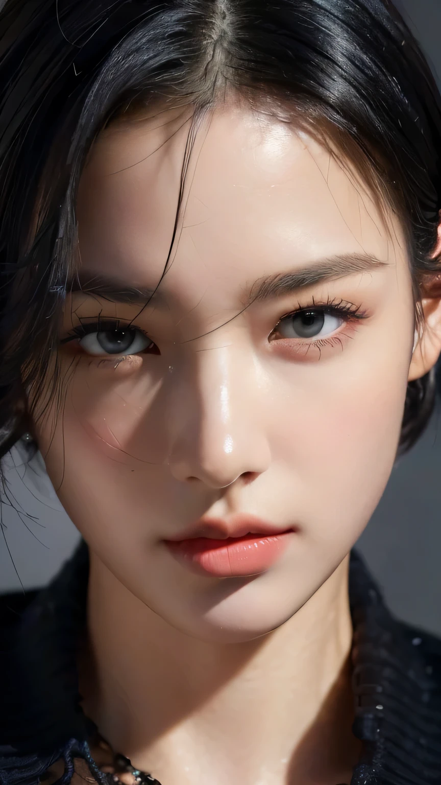 (masterpiece:1.3), (8k, photorealistic, RAW photo, best quality: 1.4), (1girl), beautiful face, (realistic face), (black hair, short hair:1.3), beautiful hairstyle, realistic eyes, beautiful detailed eyes, (realistic skin), beautiful skin, (navy blue sweater), absurdres, attractive, ultra high res, ultra realistic, highly detailed, golden ratio, dark, rim lighting