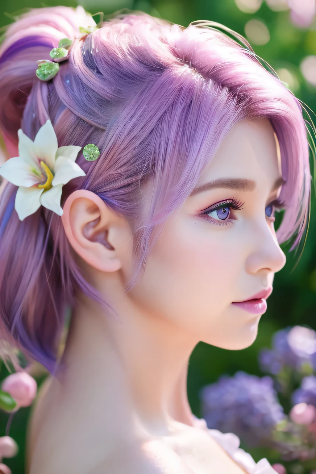 Photo 3d uhd hyper detailed ultra realistic rendering oil paint Glamour Punk pastel colors side view, a 5 year old elf with purple pink spiky hair, a headband made of flowers and fruit and leaves, her skin is lilac, background Fairy