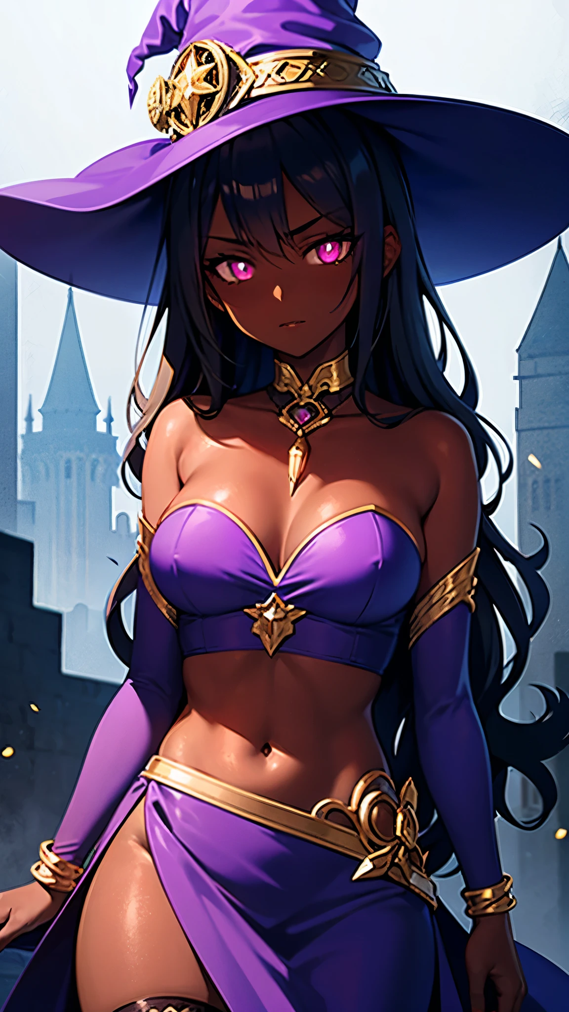 shaded face, purple clothes, wavy skirt, gold accessories, gold decoration, gold garter, witch in strapless dress, lustrous dark skin, glowing evil eyes, iridescent hat, castle ruins background