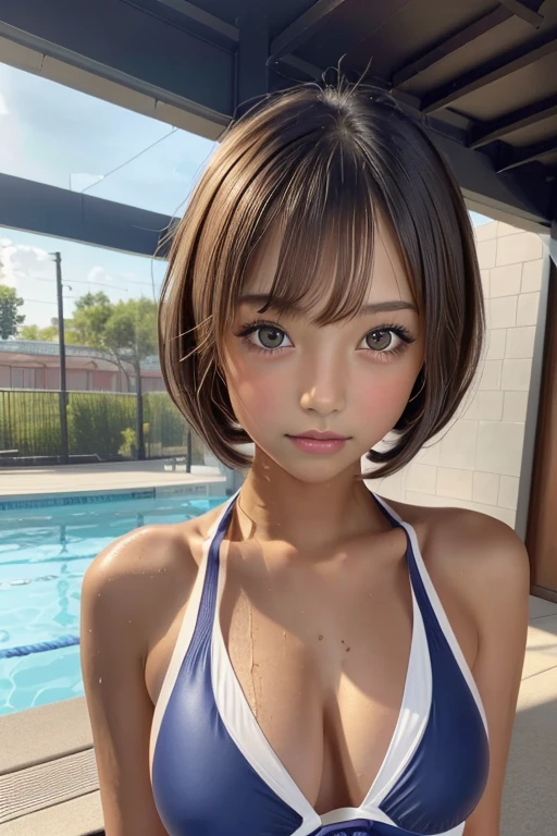 one girl, (a beauty girl, delicate girl:1.3), (:1.3),((Wet school swimsuit)) (Navy blue school swimsuit:1.3),((Cute pose)) ,Very detailedな明瞭さ, (Symmetrical eyes:1.3), (School swimming pool, indoor:1.3), ((Nipples get erect))、(Small breasts), ((mekosuji))、Brown eyes, ((Pixie Cut)), Brown Hair, girl,, (Eye and facial details:1.0),, (masterpiece, highest quality, Very detailed, Detailed face, 8k)