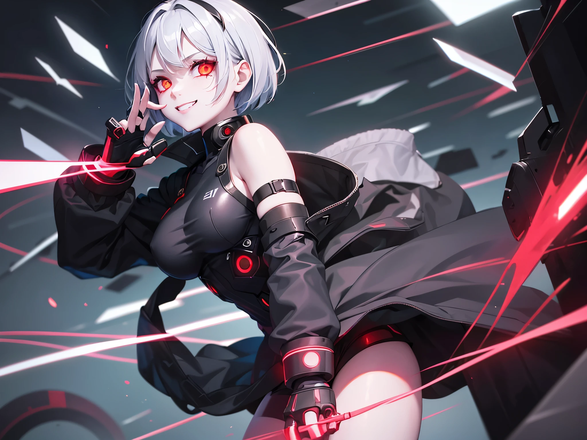 girl, Red eyes, Glowing Eyes, Wicked Smile, student, cyborg, cyber punk, whole body, masterpiece, short hair, cool, cool