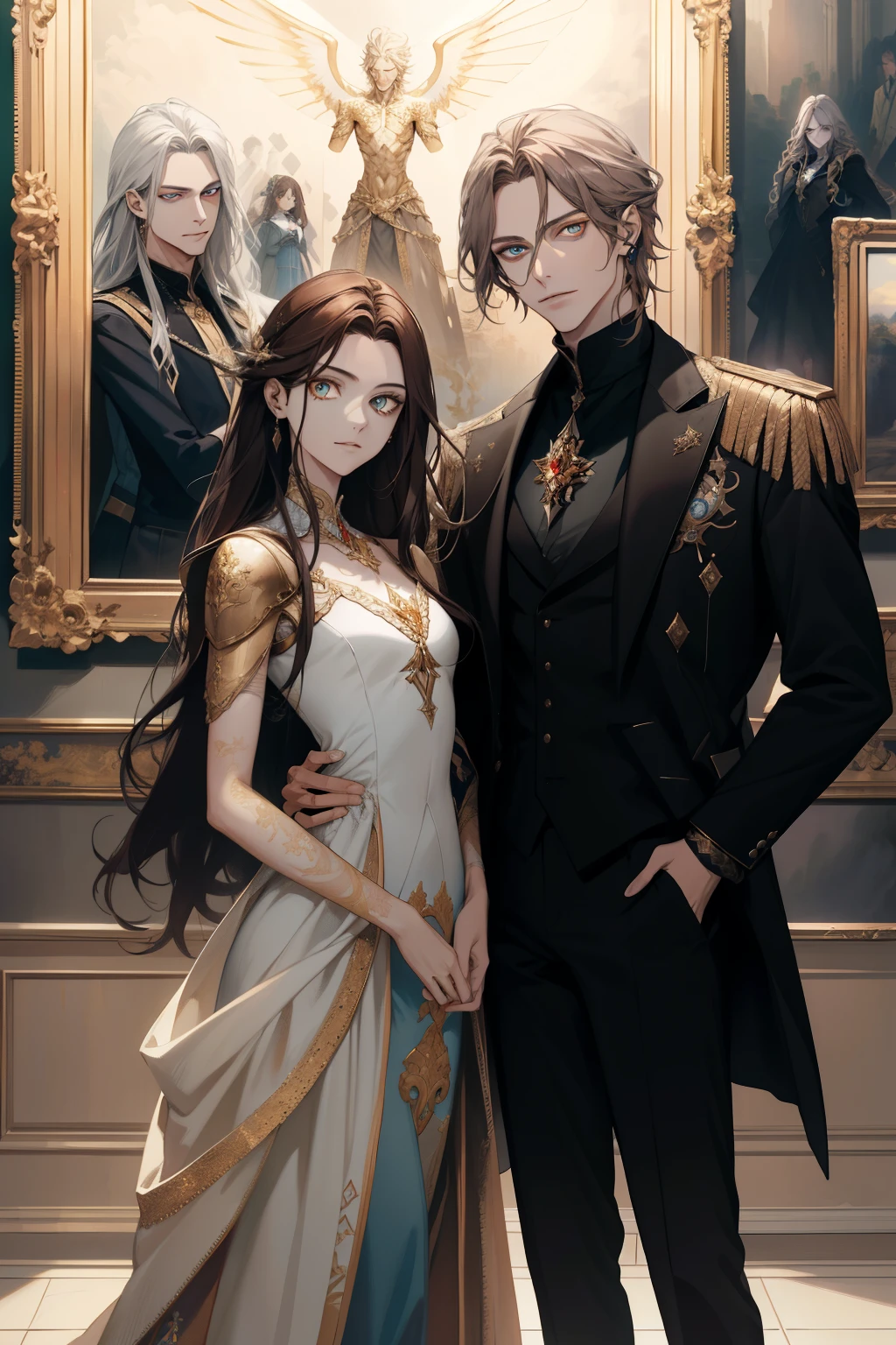 (absurd, high resolution, ultra detailed), When I noticed a painting on the wall.
It was a portrait of my family.
Zephyr stood beside. Valendrya. Her Dark hair and golden eyes highly resembled me.
I stood in front of her With Valsendrake and Icarus standing beside me.
painting