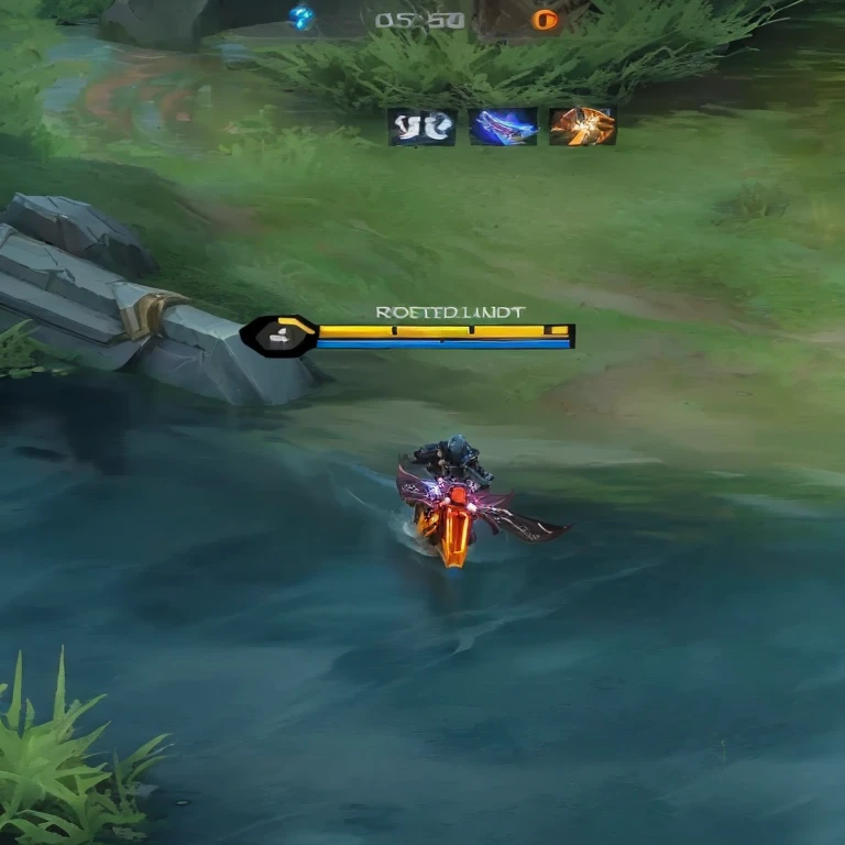 a close up of a person on a motorcycle in a river, lag in the game, league of legends style, is this loss?, sword stuck in a pond island, style of league of legends, league of legends champion, from league of legends, gameplay screenshot with ui, style league of legends, video game skill ability, pc game with ui