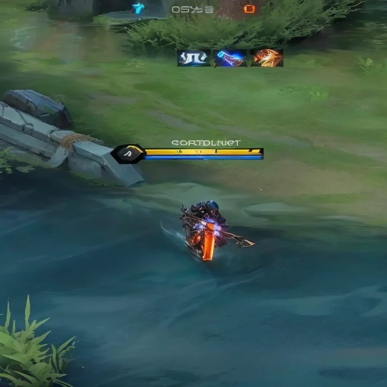 a close up of a person on a motorcycle in a river, lag in the game, league of legends style, is this loss?, sword stuck in a pond island, style of league of legends, league of legends champion, from league of legends, gameplay screenshot with ui, style league of legends, video game skill ability, pc game with ui