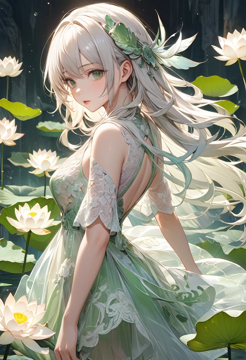      Beautiful girl with beige and white flying hair wearing soft and delicate white lace( clear texture)dress stands among many(Faintly transparent)Huge white lotus with(light green transparent)Sideways between lotus leaves，look back，工筆水彩畫  水花渲染 clear texture

               最好的品質，masterpiece，Extremely complex and exquisitely detailed, ultra-detailed fantasy characters, Ultra-detailed digital art, Overly detailed digital art 