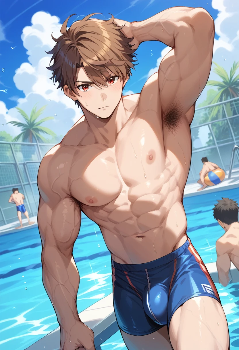 (score_9,score_8_up,score_7_up,score_6_up,score_5_up,score_4_up), best quality, best lighting, high-definition background, in FGO style, 1 boy is 18 yo, brown hair, red eyes, muscled, topless, ((veiny arms)), tight swimware, (long bulge), school pool, public hair, armpit hair