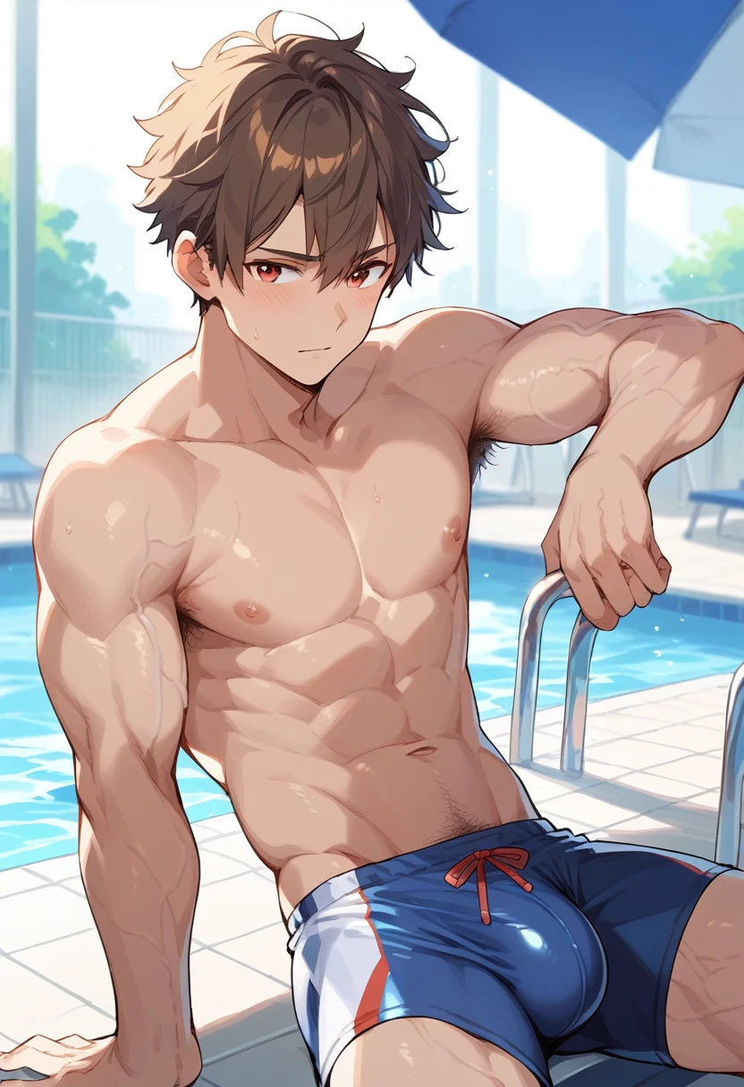 (score_9,score_8_up,score_7_up,score_6_up,score_5_up,score_4_up), best quality, best lighting, high-definition background, in FGO style, 1 boy is 18 yo, brown hair, red eyes, muscled, topless, ((veiny arms)), tight swimware, (long bulge), school pool, public hair, armpit hair