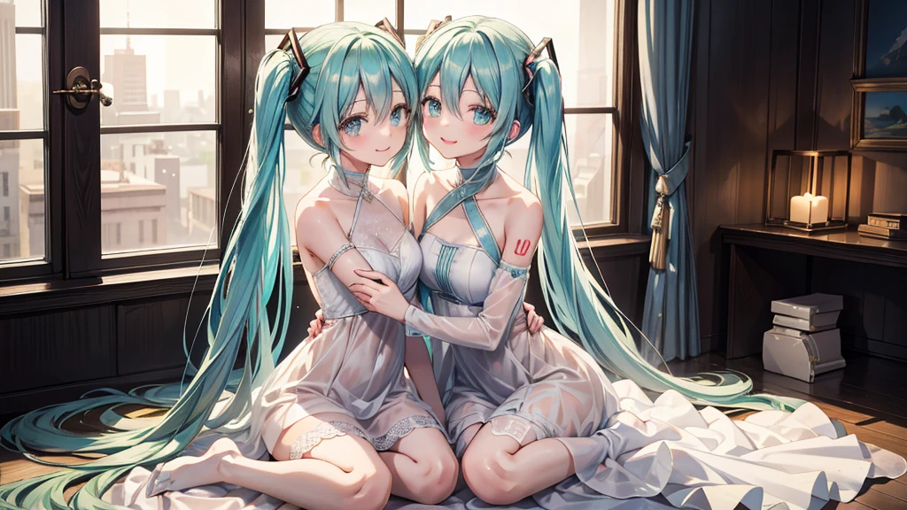 hatsune miku、megurine luka、Two Girls、Smiling、Looking this way、Wearing a sheer white dress、They are hugging each other、Sitting