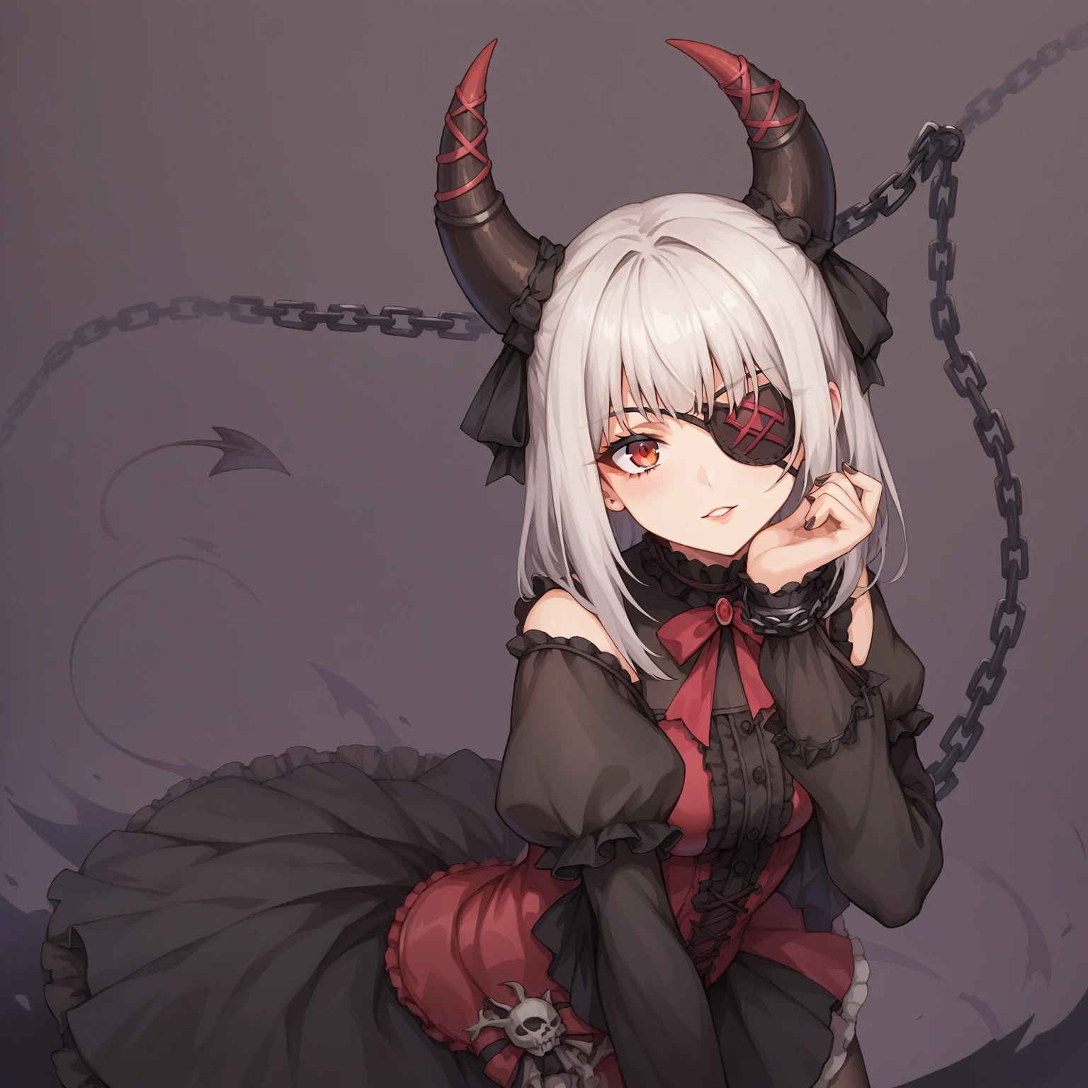 score_9, score_8_up, score_7_up, source_anime,masterpiece, best quality, high resolution, extremely detailed CG, absurdres, 1girl, solo, Gothic ta, mini skirt, frills, black and red outfit, ((black_tights)), (black_single_eye_patch), white_hair, horns, holds chain, many chains in background, posing with chain in the Hell