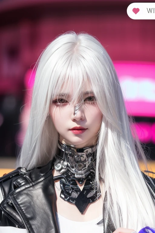 there is a woman with white hair and a black leather jacket, white-hair pretty face, highly_detailed_face!!!, with very highly detailed face, cruel korean goth girl, white haired, lalisa face, intense white hair, cyborg - girl with silver hair, , with long white hair, detailed white long hair, with pearcing lips