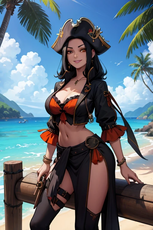 black haired woman with orange eyes and a figure in a pirate outfit is smiling while standing on a plank of the tropical island