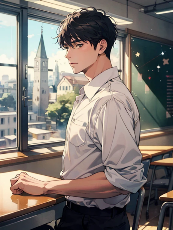 (((masterpiece))),best quality, whitetown, school, teacher, 1man