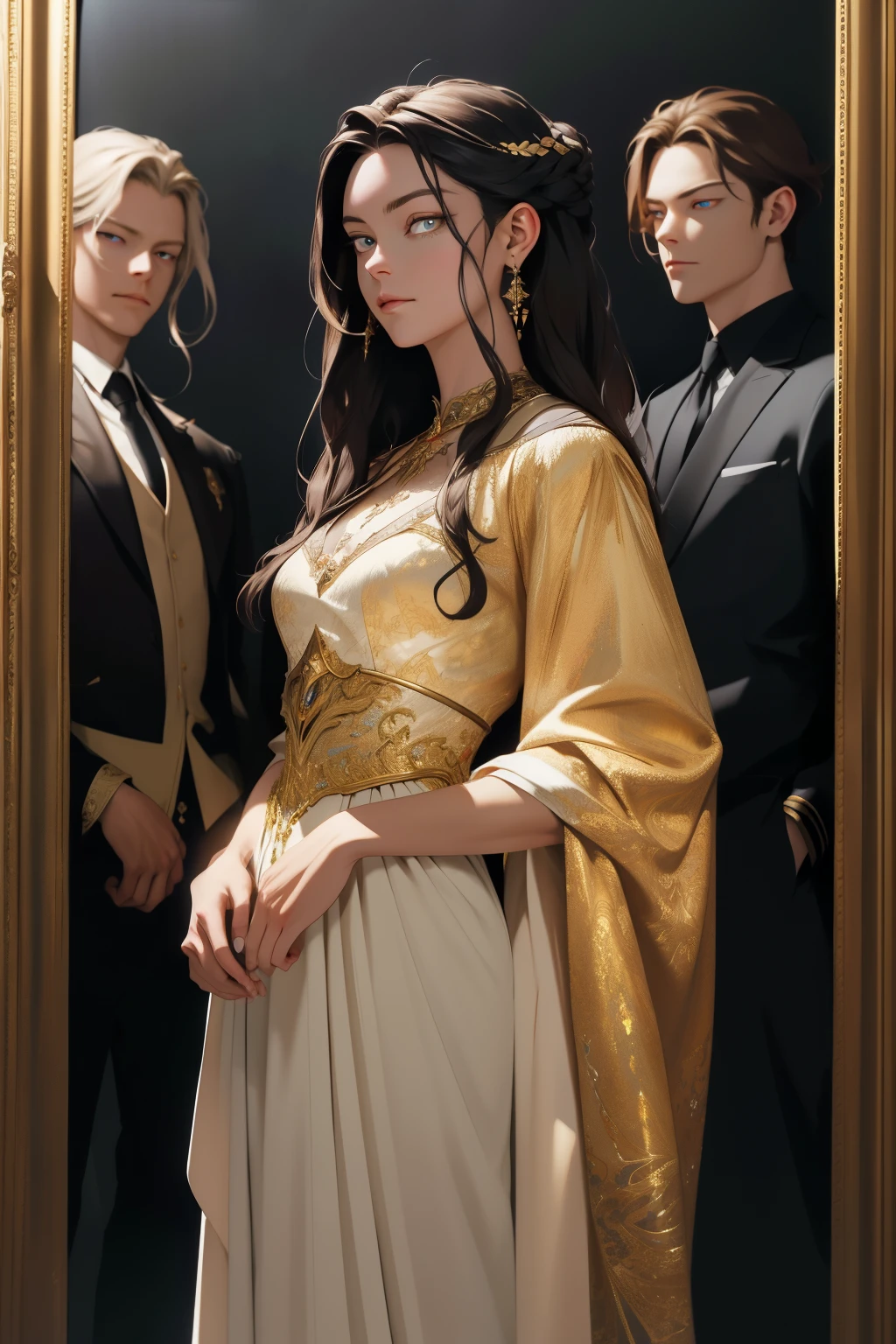 (absurd, high resolution, ultra detailed), When I noticed a painting on the wall.
It was a portrait of my family.
Zephyr stood beside. Valendrya. Her Dark hair and golden eyes highly resembled me. 
I stood in front of her With Valsendrake and Icarus standing beside me. 
painting