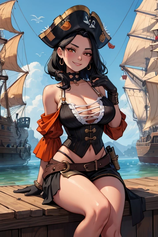 black haired woman with orange eyes and a figure in a pirate outfit is sitting on a dock at a pirate city with a big smile and blush