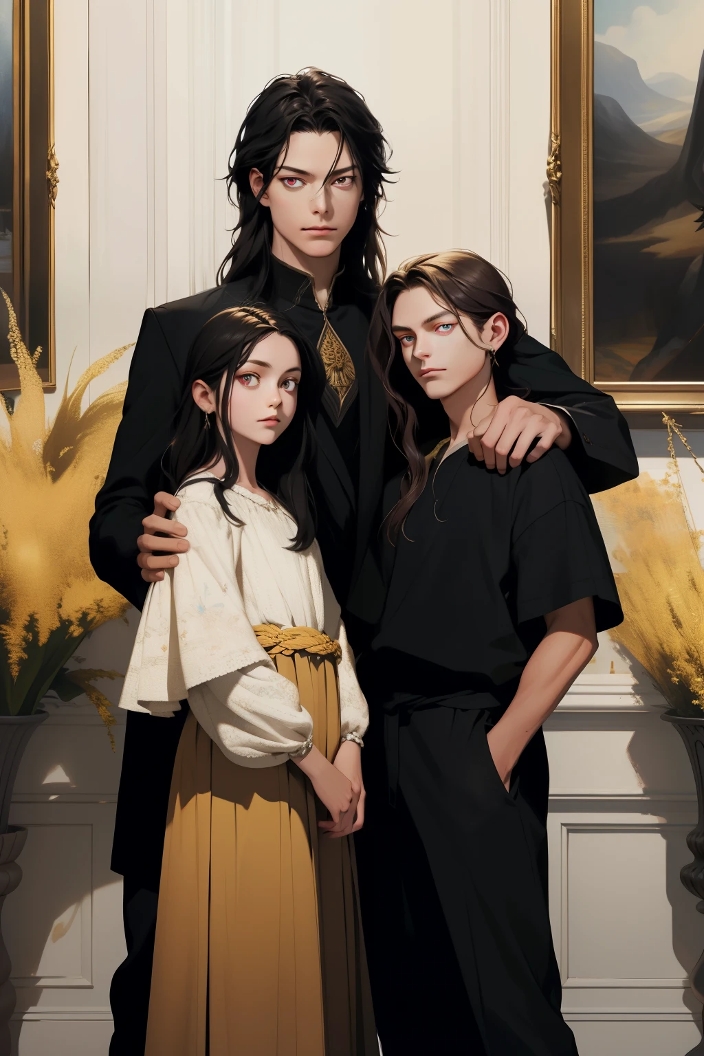 (absurd, high resolution, ultra detailed), When I noticed a painting on the wall.
It was a portrait of my family.
Zephyr stood beside. Valendrya. Her Dark hair and golden eyes highly resembled me. 
I stood in front of her With Valsendrake and Icarus standing beside me. 
painting