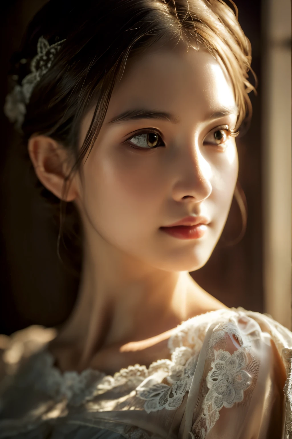 best quality, masterpiece,intricate detail, depth of field,highest quality,extremely detailed,high res,4k,ultra high res,detailed shadow,ultra realistic,realistic,dramatic lighting, 1girl, solo,detailed face,detailed eye,realistic skin,narrow waist,lace, lace trim,dress,delicate pattern, intricate detail,
