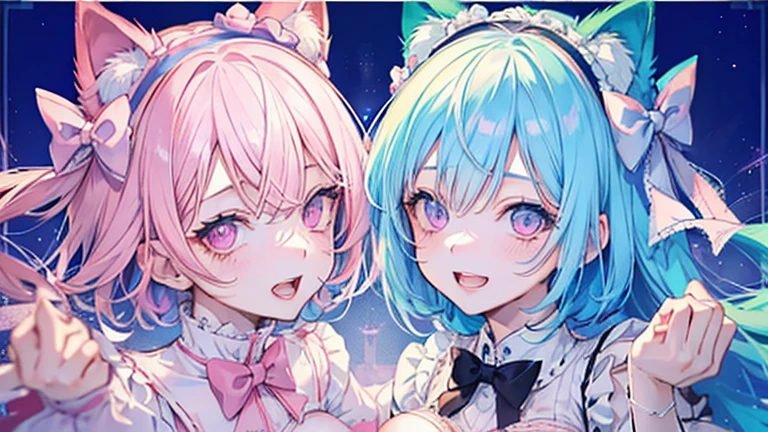 NSFW,Two Women,show off nipple,short light blue hair,Pink eyes,Light blue Lolita,Cat's ears,white sock,pink bows,Pastel pink room,Smile with open mouth,garter strap,cute little,Top image quality,Best Quality,masutepiece