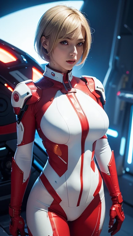 A woman beautiful breasts stands confidently in the center of a futuristic setting, wearing a white and red form-fitting, shiny soft armored bodysuit with intricate details. short blonde hair and she poses with one hand on her hip, luminous glow a soft lighting, The background features a high-tech environment with illuminated panels and mechanical structures, creating a sci-fi atmosphere.