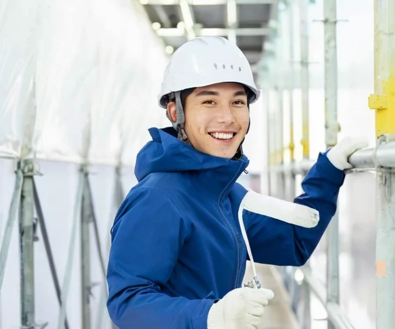 highest quality,Young Man,Blue jacket,White helmet,smile