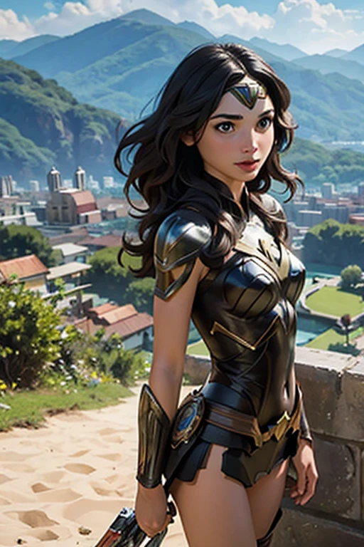 Gal Gadot como Mulher Maravilha angulo holandes, Amazon city background scenery 