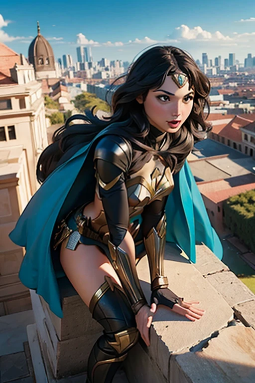 Gal Gadot como Mulher Maravilha angulo holandes, Amazon city background scenery 