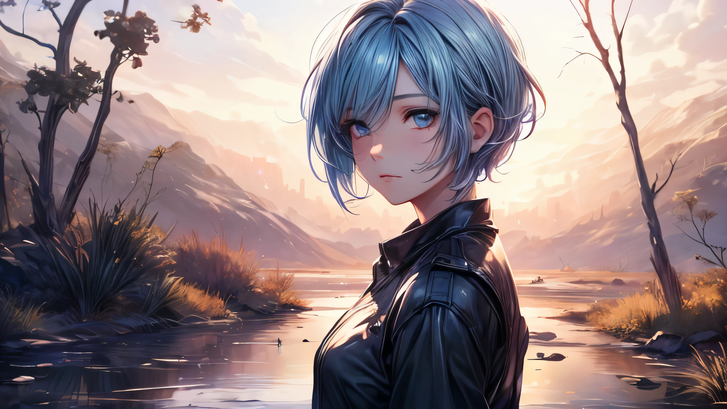 high quality,1 girl,short hair, Super detailed CG illustration of a young man with a calm expression, Stare into the distance,His striking light blue hair blew gently in the desert breeze. The landscape behind him is vast and stunning, Taking viewers into a world of wonder and discovery.More ideas