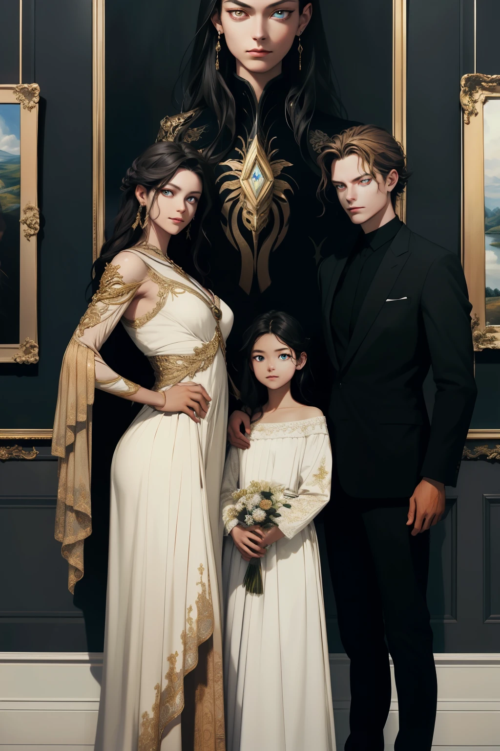 (absurd, high resolution, ultra detailed), When I noticed a painting on the wall.
It was a portrait of my family.
Zephyr stood beside. Valendrya. Her Dark hair and golden eyes highly resembled me. 
I stood in front of her With Valsendrake and Icarus standing beside me. 
painting