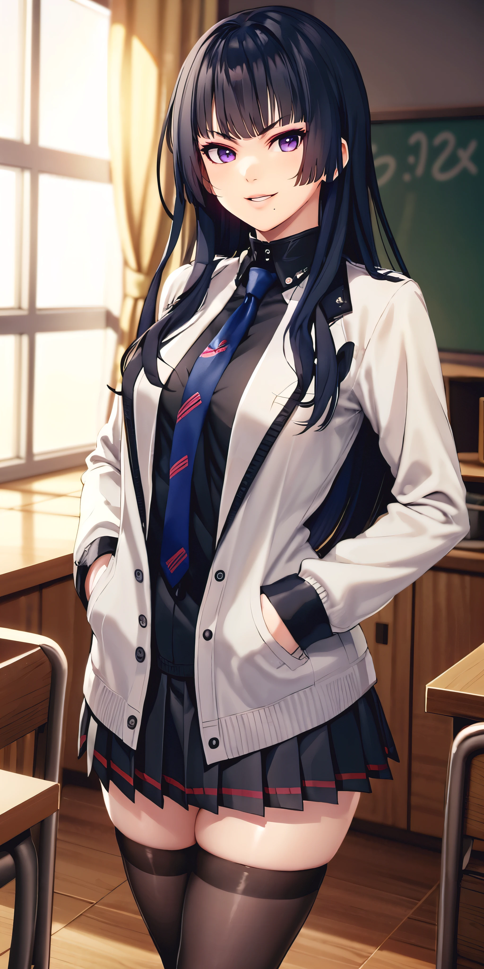 a beautiful woman with long black hair, detailed brown eyes, red lipstick, wearing a miniskirt and pleated skirt, skin-tight outfit, zettai ryouiki, in a classroom setting with spotlight and bokeh, hands in pocket, necktie, tall mature female