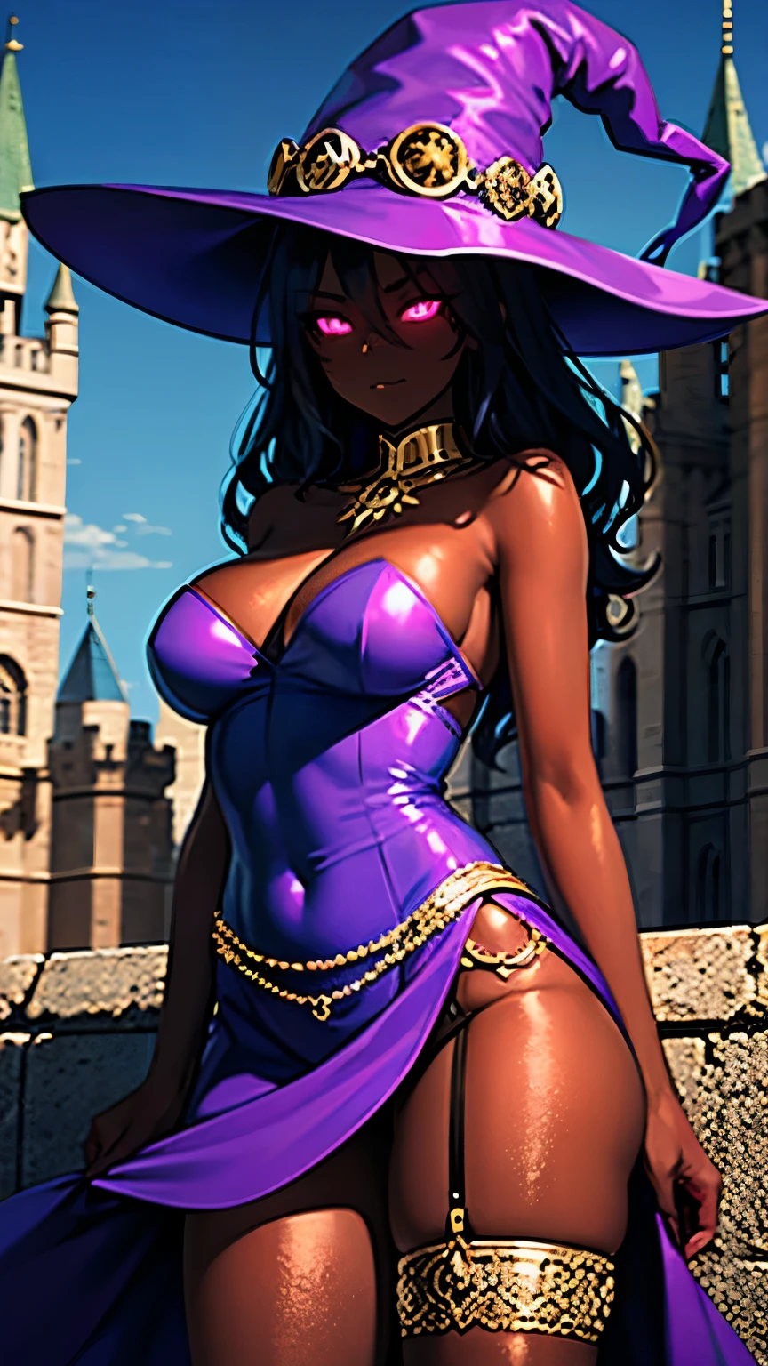 shaded face, purple clothes, evil witch in strapless dress, wavy skirt, gold accessories, gold decoration, gold thigh garter, lustrous dark skin, glowing evil eyes, iridescent hat, castle ruins background