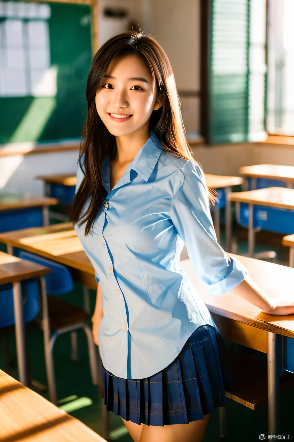 21 year old korean woman,, ((in the classroom)), ((school uniform)), RAW photo, (photorealistic: 1.37, realistic), highly detailed CG integrated 8K wallpapers, 1girl, ((perfect body:1.1)), (medium breasts:1.2) , viewer view, (((straight from the front))), (HQ skin:1.2, shiny skin), 8K UHD, DSLR, Soft Lighting, High Quality, Film Grain, Fujifilm XT3, ((Full Body:0.8)), (Professional Lighting:1.4), ,Sexy, Demanding Smile,