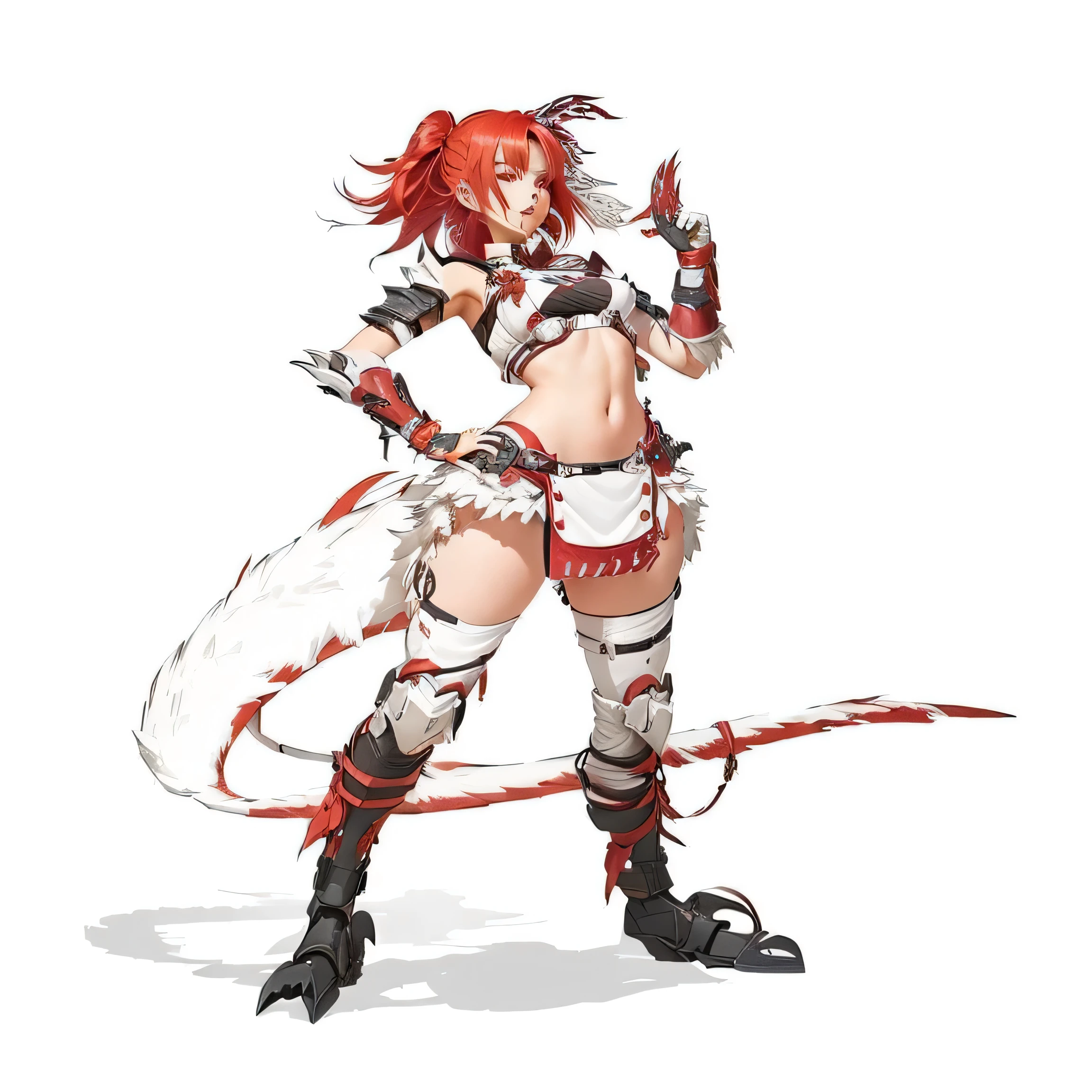 drawing of a woman with red hair and a white outfit, best anime character design, anime character; full body art, anime character design, anime character, anime monster girl, anime character art, female anime character, JRPG character, like a cool monster hunter, anime woman full length art, interesting character design, In Monster Hunter Armor, JRPG character art, , legs from Velociraptor