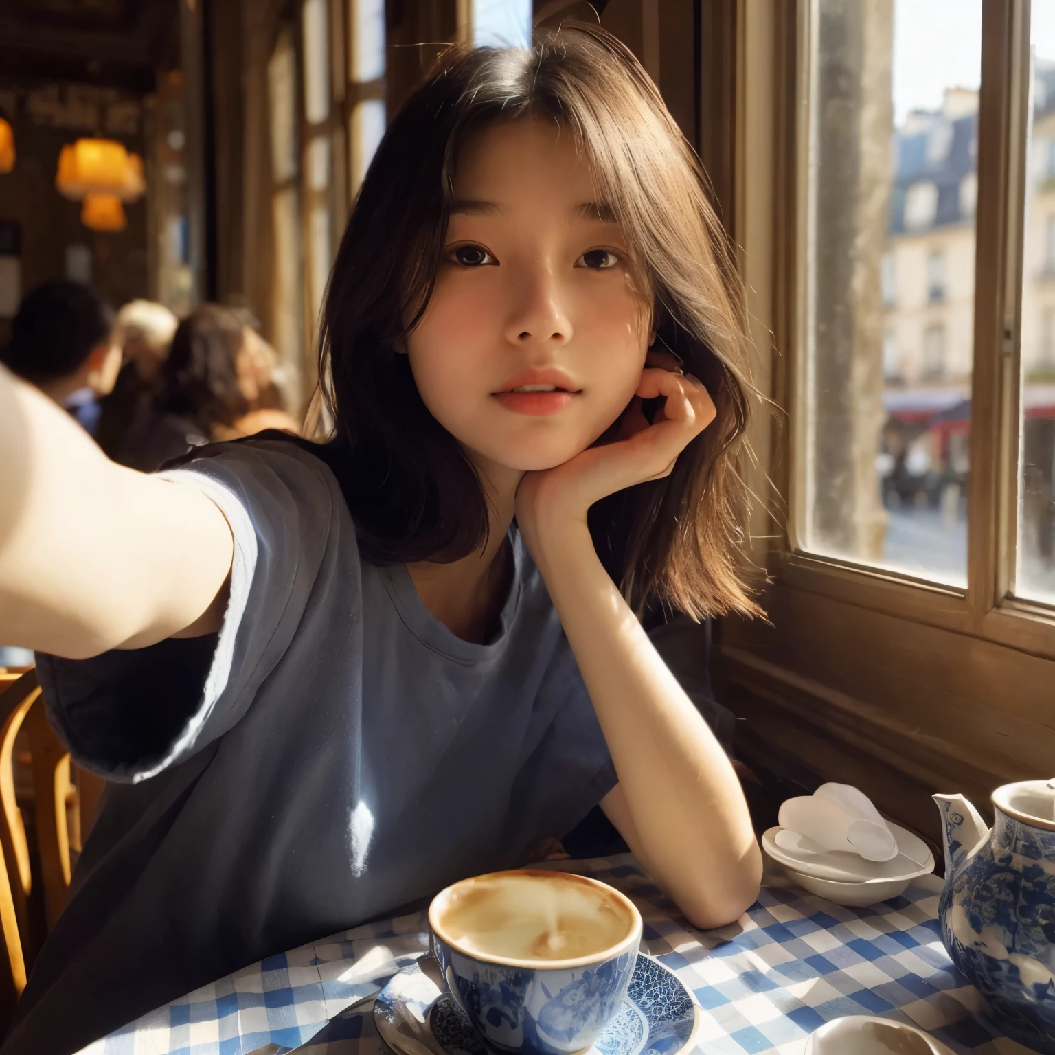 Mood photo for advertising, a 16 yo girl sitting inside a cafe, at a coffee table with blue-white-patched table cloth, Close-up selfie, in paris, morning sunshine from window, photorealistic, selfie 