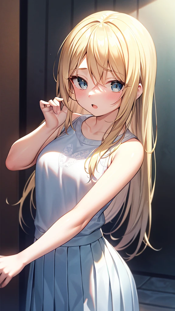 ((masterpiece, Top quality, Ultra-clear, HD)), Solitary, beautiful girl, Shining eyes, Perfect eyes, 18 years old, winry rockbell, winry rockbell, blue eyes, Blonde Hair, off and on long hair, skirt, shirt, Jewel-like, white shirt, pleated skirt, ear nipple ring, Sleeveless, blue skirt, arms, Sleeveless shirt, off and on indoors, off and on looking at viewer, off and on (masterpiece:1.2), Best quality, high resolution, Unity8k wallpaper, (Implications:0.8), (Beautiful and delicate eyes:1.6), Extremely detailed face, perfect ligthing, Extremely detailed CG, (Perfect hands, perfect anatomy),