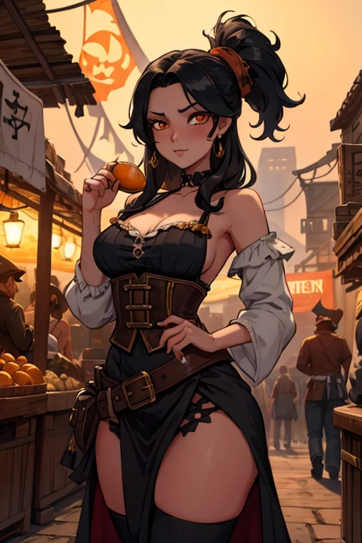 black haired woman with orange eyes and a figure in a pirate outfit is blushing in the streets of a market on a pirate city at night