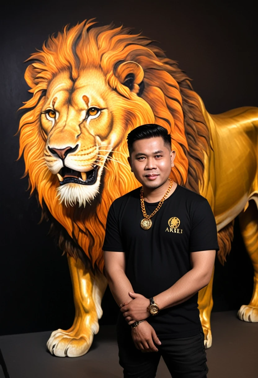 A pinoy MAN with short hair, wearing a Gold Color chain and watch, and with a small Name and Signature "Ariel Editor" on the Side and Center, He is Standing next to a large Lion roaring at the camera. The background is black with Shadow gray and an orange light shining from the front. The image has the appearance of an oil painting.