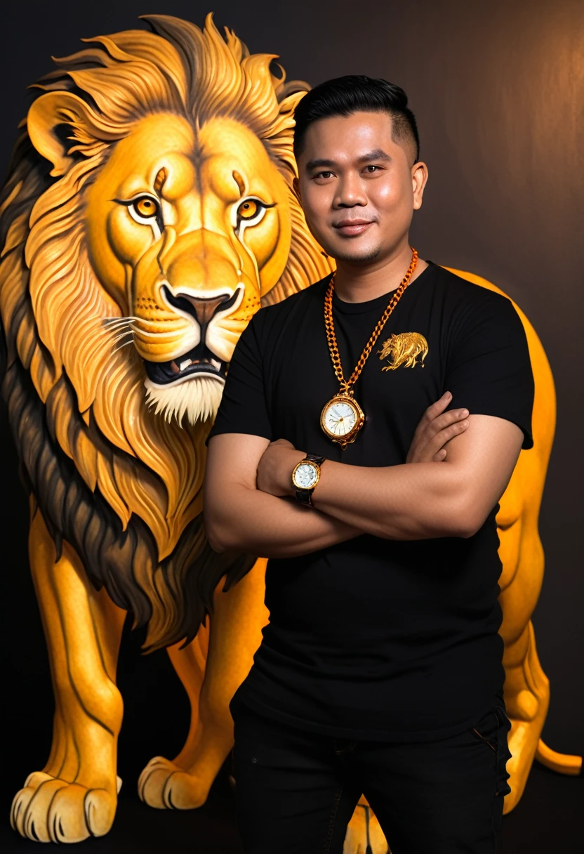 A pinoy MAN with short hair, wearing a Gold Color chain and watch, and with a small Name and Signature "Ariel Editor" on the Side and Center, He is Standing next to a large Lion roaring at the camera. The background is black with Shadow gray and an orange light shining from the front. The image has the appearance of an oil painting.