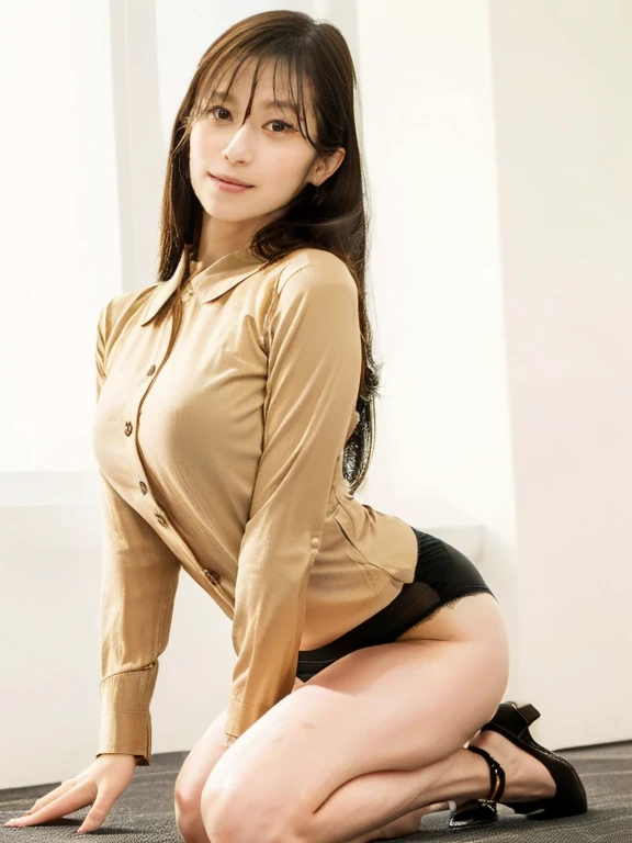 (In 8K，highest quality，masterpiece)，(Realistic，RAW Photos，Super Fine Clear)，Realistic Light，Detailed skin，Beautiful Japanese Women，((25-year-old female，Apparel Employee:1.5))、Businesswoman、Office Fashion，Open cardigan、Open clothes、(Long skirt)、(Panty shot，Sexy black panties:1.3)、(On the floor, kneeling to spread legs)，Thin legs、fine grain，Detailed fingers、thin、Sexual，Ecstasy表情，Luxurious office, Top floor executive meeting room, Ecstasy，Sweaty all over, Slim and large , Super large , Bouncy and firm bust, Hide your nipples