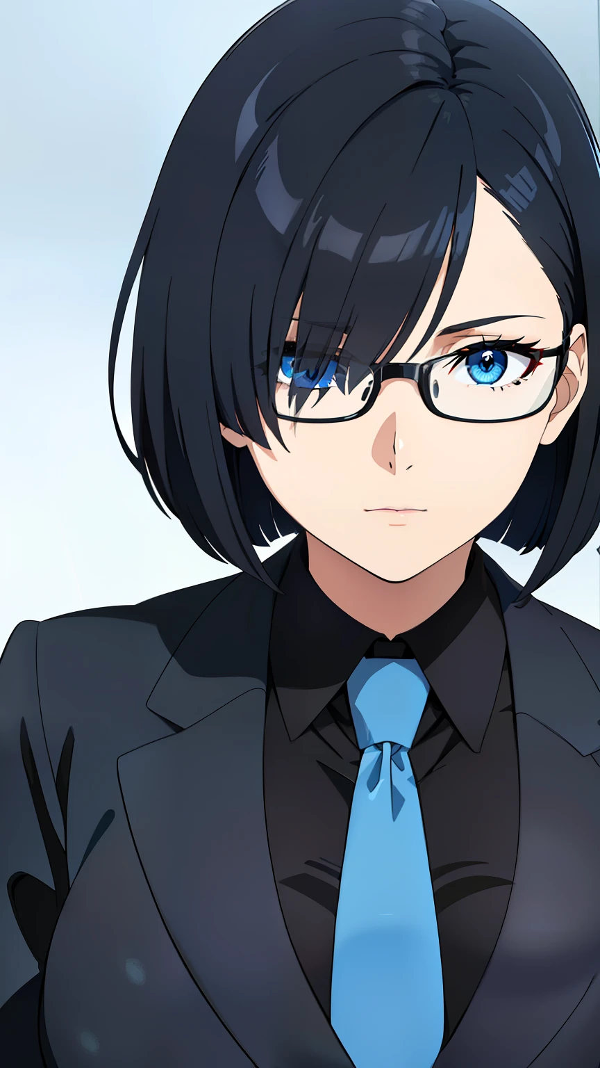 (best quality:1.5, highres, UHD, 4K, detailed eyes, detailed lighting, shaders), black hair, bob cut, hair covering one eye, cool woman, cool girl, sharp eyes, blue eyes, beautiful, large breasts, formal suit, necktie, jacket, with glasses, (pov, close shot)