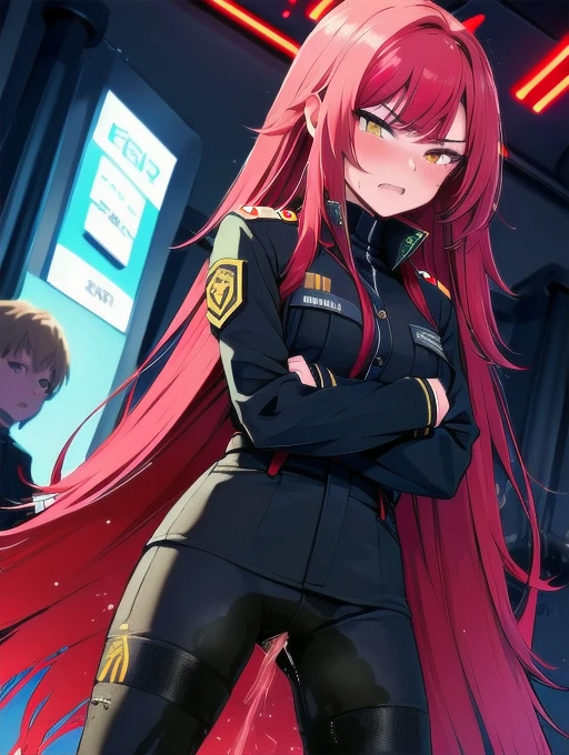 (masterpiece:1.37), woman, (mature:1.5), extremely detailed eyes and face, long straight hair, (red hair:1.5), yellow eyes, (military uniform:1.25), futuristic, science fiction, hologram armband, unicursal hexagram-shaped pupils, standing, large breasts, futuristic, (science fiction:1.5), hologram armband, best quality, 8k, highres, ultra-detailed, studio lighting, ultra-fine painting, sharp focus, physically-based rendering, extreme detail description, professional, vivid colors, bokeh, extreme attention to detail, tsurime, messy bangs, long bangs, bright red hair highlights, two-tone hair, (wetting self:1.5), (crossed arms:1.5), embarrassed, humiliated, angry, (standing:1.5), tight pants, legs