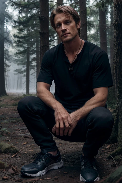 Gideon Emery, Deucalion, Teen Wolf, 40 years old, light brown blonde hair, short and messy, blue eyes, black short-sleeved dress shirt, dark black jeans, black tennis shoes, wolf pendant, white wolf print. Forest background with fog aura around black color.