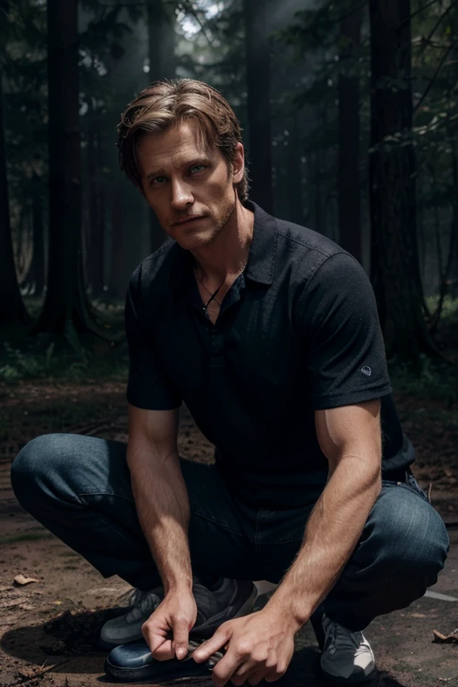 Gideon Emery, Deucalion, Wolf, 40 years old, light brown blonde hair, short and messy, blue eyes, black short-sleeved dress shirt, dark black jeans, black tennis shoes, wolf pendant, white wolf print. Forest background with fog aura around black color.
