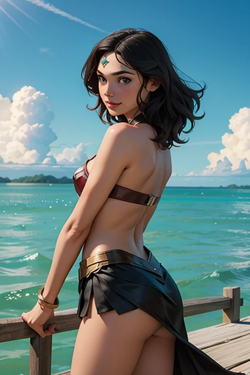 Gal Gadot como Mulher Maravilha angulo holandes, pier scenery on the island of Amazonas 