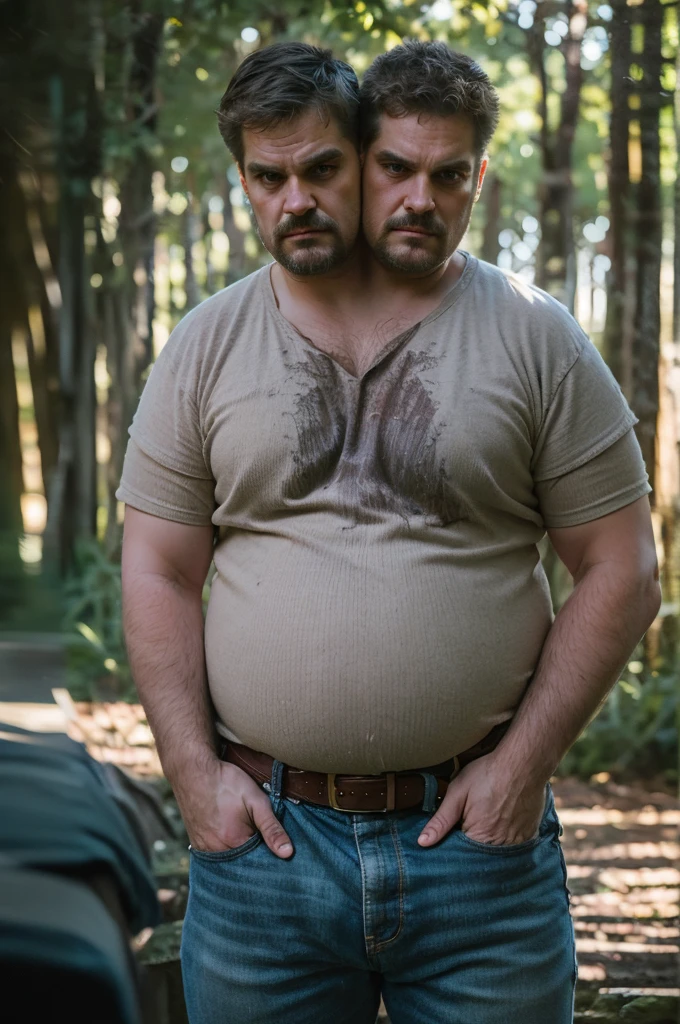 (((2heads))), 1man, david harbour, middle aged, ((fat)), (big belly), (((obese))), short graying hair, hairy, no shirt, jeans, belt, body hair, big bulge, ((overweight)), dreamy atmosphere, dark cyan and red, i can't believe how beautiful this is, serene atmosphere, epic realistic, soft cinematic light, hdr, intricate, highly detailed, (depth of field:1.4), faded, (neutral colors:1.2), (hdr:1.4), (muted colors:1.2), hyperdetailed, (artstation:1.4), cinematic, dramatic light, (intricate details:1.1), complex background, woods scenery, (rutkowski:0.66), (intricate details:1.12), hdr, (intricate details, hyperdetailed:1.15) (skin texture:1.2), detailed expressions, tired, bored, frowning