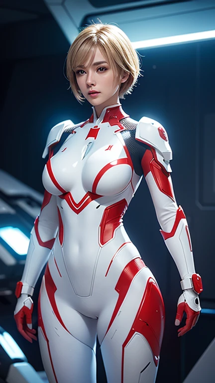 A woman beautiful breasts stands confidently in the center of a futuristic setting, wearing a white and red form-fitting, shiny hard body armored suit with intricate details. short blonde hair and she poses with one hand on her hip, luminous glow a soft lighting, The background features a high-tech environment with illuminated panels and mechanical structures, creating a sci-fi atmosphere.