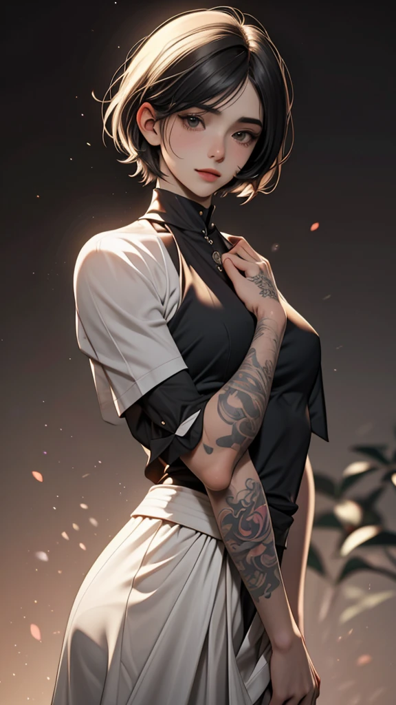 androgynous person, undetermined gender, cute, shy, wearing androgynous outfit, short hair, tattoo arm