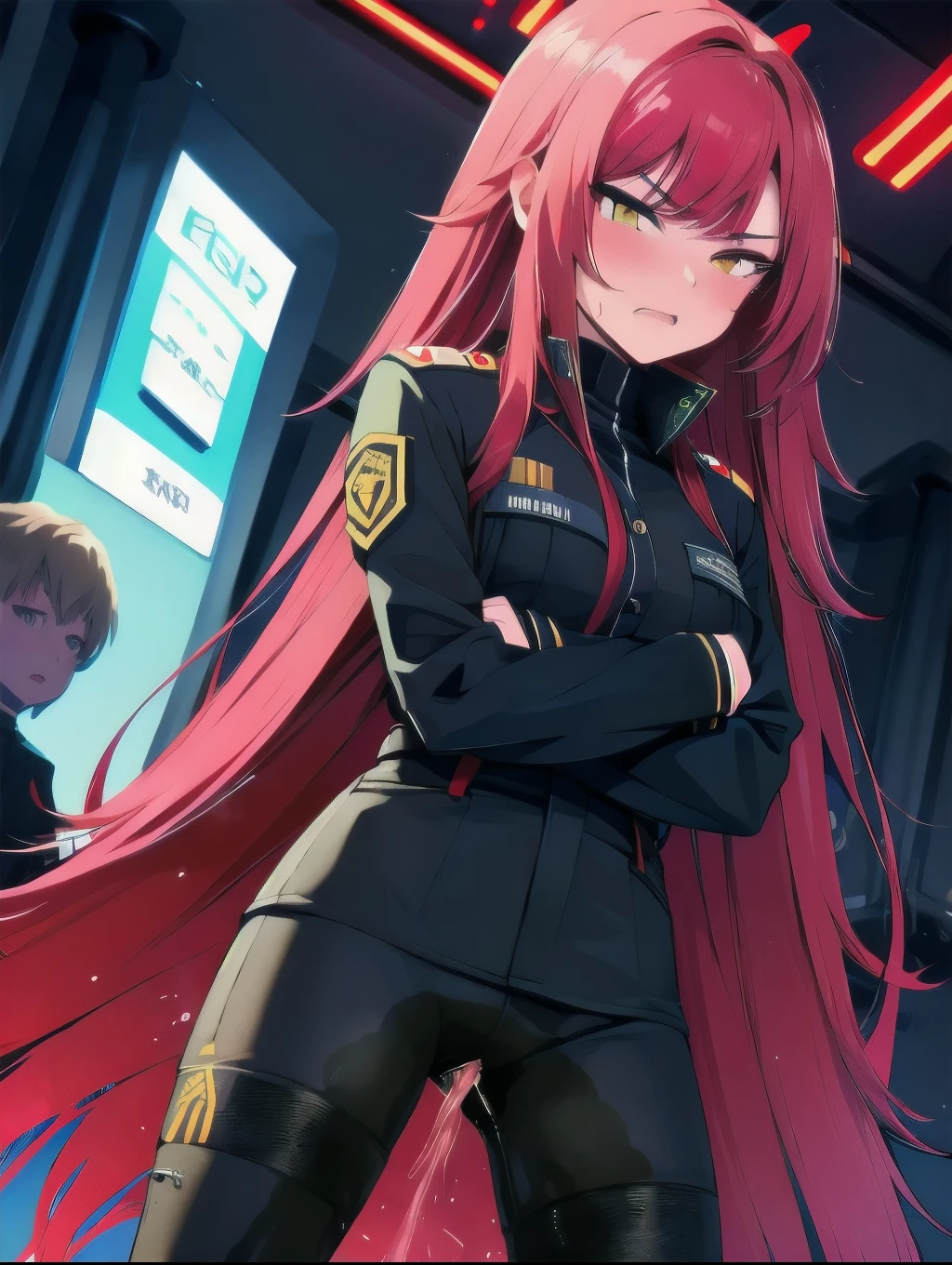 (masterpiece:1.37), woman, (mature:1.5), extremely detailed eyes and face, long straight hair, (red hair:1.5), yellow eyes, (military uniform:1.25), futuristic, science fiction, hologram armband, unicursal hexagram-shaped pupils, standing, large breasts, futuristic, (science fiction:1.5), hologram armband, best quality, 8k, highres, ultra-detailed, studio lighting, ultra-fine painting, sharp focus, physically-based rendering, extreme detail description, professional, vivid colors, bokeh, extreme attention to detail, tsurime, messy bangs, long bangs, bright red hair highlights, two-tone hair, (wetting self:1.5), (crossed arms:1.5), embarrassed, humiliated, angry, (standing:1.5), tight pants, legs