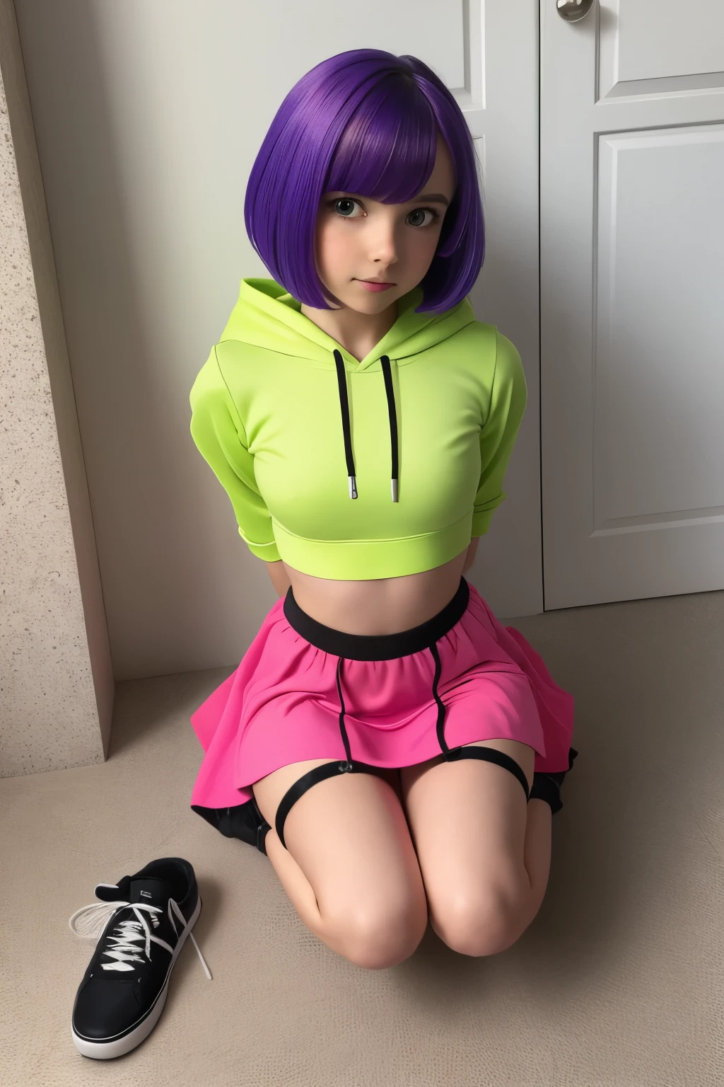 5 sweet innocent ten 18 year olds kneeling, bound, tied up, wearing neon crop top hoodies, beautiful girl, innocent and playful, real photography, modern look, silky dress or skirt with cutouts, skinny body, famous actress, beautiful face, bdsm, legs tied, shibari, colored hair, playful