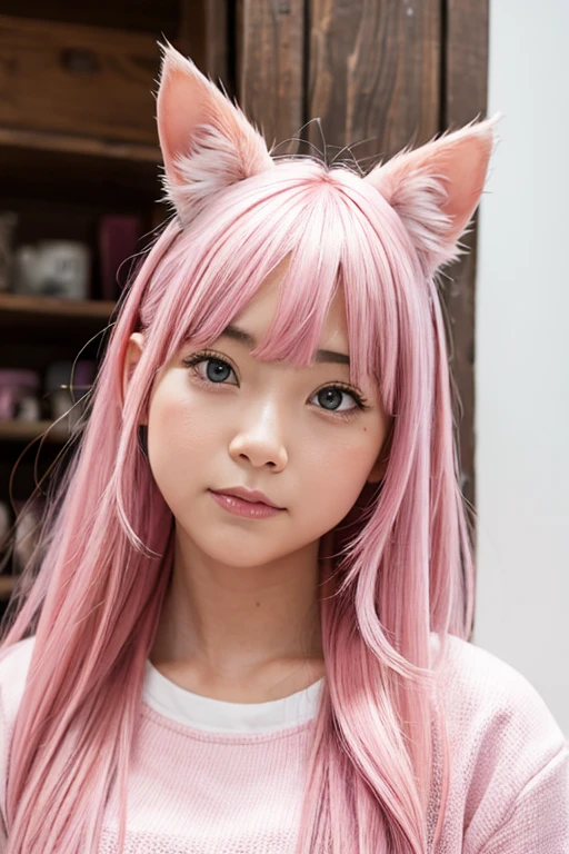 Girl with pink ears cat,pink hair long 