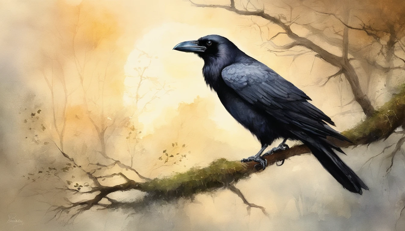 A majestic crow perches gracefully on a moss-covered tree branch in a moonlit forest, surrounded by ethereal beams of silver moonlight filtering through the canopy, conveying a sense of tranquility and mystery. Moody and atmospheric with a touch of fantasy, captured with a vintage film camera, soft focus, and dreamlike color palette.