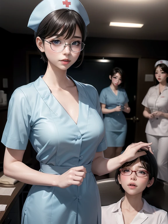 (Ultimate beauty), New Nurse, 非常にdetailed顔, detailedな唇, fine grain, Beautiful Eyes, Short pixie hairstyles for brunettes, ((Laugh with your mouth closed)), ((Rimless glasses))(((Wearing light blue nurse clothes)))), Big Breasts,((The chest of the nurse's uniform is about to burst)) (Thighs), sitting in hospital bed、 perfectionなボディ, perfectionな顔, (((background: A hospital room with many medical devices)))、Cowboy Shot, (Depth of written border), perfectionな画像リアリズム, With detailed background, detailedな衣装, perfection、Hyperrealism、Realistic、Maximum resolution 8K, (masterpiece), 非常にdetailed, Professional 22 year old Japanese woman,(非常にdetailedな肌)(Beautiful female body)(美しいBig Breasts)(Big Breasts)(Pale skin)(Pointed Chest),(Erect nipples)(Best image quality)(Hyperrealismの肖像画),(8k),(Ultra-realistic,最high quality, high quality, High resolution)(high quality texture)(Attention to detail)(Beautiful details)(detailed,Extremely detailed CG,detailed Texture)(Realistic facial expressions,masterpiece,in front,dynamic,bold),(((short pixie cut))),(Very thin hair)(Super Straight Hair:1.5)( sleek bangs,Very light coppery amber hair,Hair in one eye) (((Front view))) (((She is spreading her legs boldly))) (((The lines of the body are clearly visible)))、(((Depiction of beautiful fingers))) (((Beautiful body depiction)))(((Full body photo)))、(((Low angle photo)))、(((Correct ankle orientation)))(((Correct number of legs))) (((Accurate Body Compo座るion))) (((正確な正面からのFull body photo)))(((Exact number of hands)))